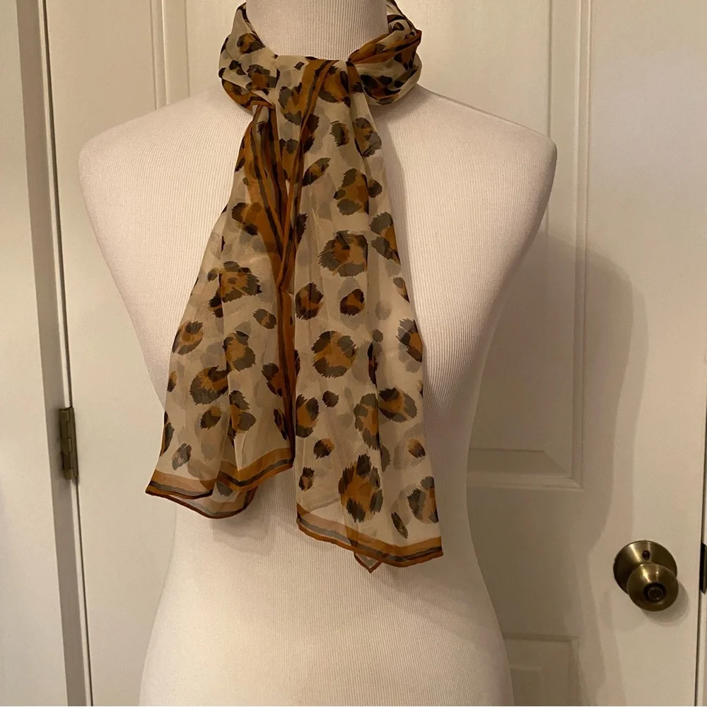 BURMEL SCARF VINTAGE CREAM BROWN BLACK SHEER ANIMAL PRINT HAND ROLLED RECTANGLE